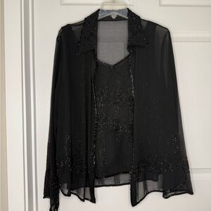 JKara embroidered Black Sheers Beaded Jacket & Blouse Set Sz L